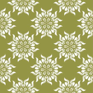 Zeytin yeşil zemin üzerine beyaz çiçekler. Tekstil ve duvar kağıtları için süs seamless modeli