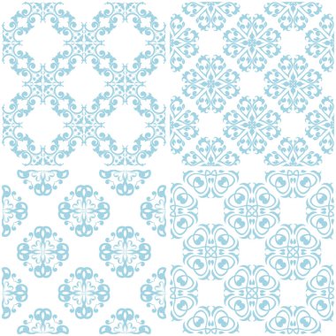 Çiçek desenleri. Beyaz ışık mavi öğeleri kümesi. Sorunsuz arka planlar. Vektör çizim