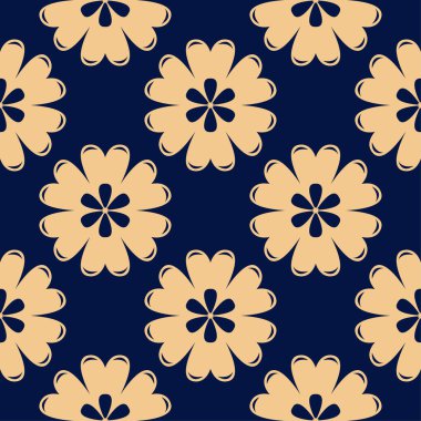 Koyu mavi zemin üzerine altın çiçek süsleme. Tekstil ve duvar kağıtları için seamless modeli