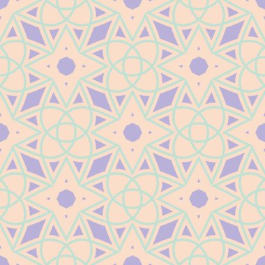 Geometrik tasarım ile Seamless modeli. Soluk pembe bir arka plan üzerinde öğeleri mor ve mavi. Kumaş ve duvar kağıtları için