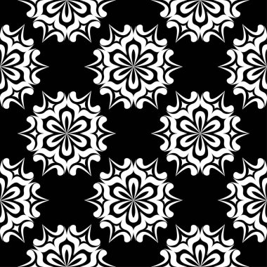 Siyah arka plan üzerine beyaz çiçekler. Tekstil ve duvar kağıtları için süs seamless modeli