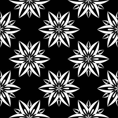 Siyah arka plan üzerine beyaz çiçek süsleme. Tekstil ve duvar kağıtları için seamless modeli