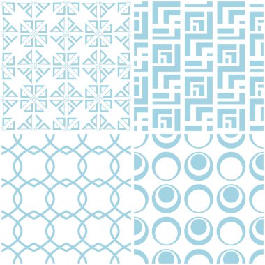 Geometrik desenler. Beyaz mavi öğeleri kümesi. Sorunsuz arka planlar. Vektör çizim