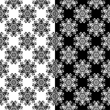 Siyah ve beyaz çiçek arka planlar. Tekstil ve duvar kağıtları için dikişsiz desen seti