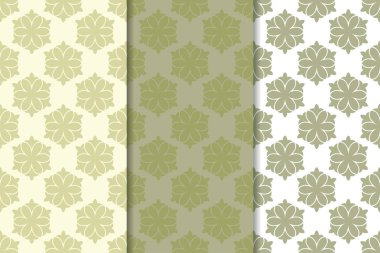 Zeytin yeşili ve beyaz çiçek arka planlar. Tekstil ve duvar kağıtları için dikişsiz desen seti