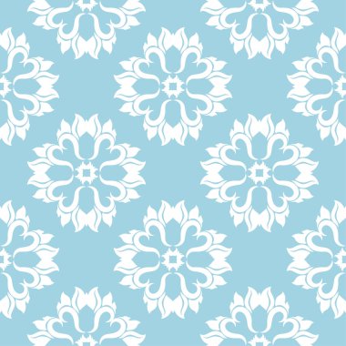 Mavi zemin üzerine beyaz çiçek süsleme. Tekstil ve duvar kağıtları için seamless modeli