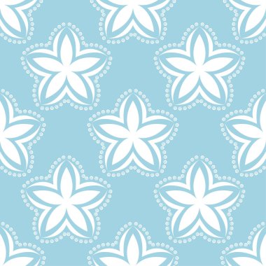 Mavi zemin üzerine beyaz çiçek süsleme. Tekstil ve duvar kağıtları için seamless modeli