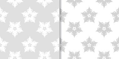 Işık gri ve beyaz çiçekli süsler. Tekstil ve duvar kağıtları için dikişsiz desen seti