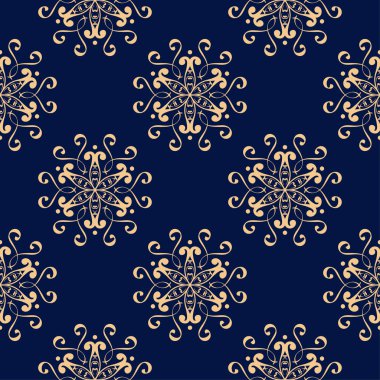 Koyu mavi zemin üzerine altın çiçek süsleme. Tekstil ve duvar kağıtları için seamless modeli