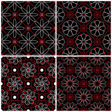 Sorunsuz arka planlar. Siyah beyaz ve kırmızı klasik duvar kağıtları, Tekstil ve kumaş çiçek desenleri ile ayarlar