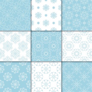 Mavi ve beyaz çiçekli süsler. Kağıt için dikişsiz desen koleksiyonu Tekstil