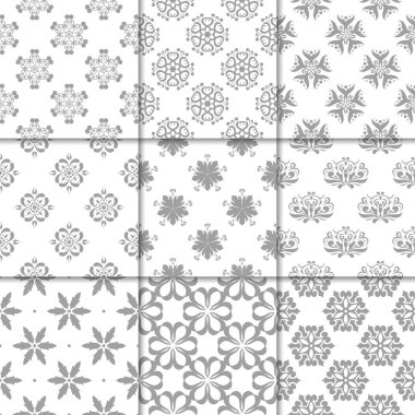 Gri ve beyaz çiçekli süsler. Kağıt için tarafsız Dikişsiz desen koleksiyonu Tekstil