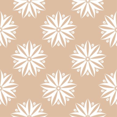 Bej renkli arka plan üzerinde beyaz çiçek süsleme. Tekstil ve duvar kağıtları için seamless modeli