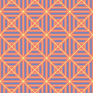 Geometrik seamless modeli. Parlak kırmızı bir arka plan duvar kağıtları, Tekstil ve kumaş için mavi ve sarı tasarımı ile