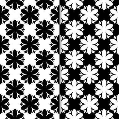 Siyah ve beyaz çiçek arka planlar. Tekstil ve duvar kağıtları için dikişsiz desen seti