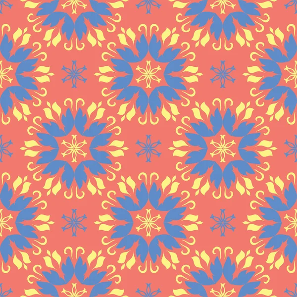 Çiçek seamless modeli. Parlak pembe turuncu arka plan duvar kağıtları, Tekstil ve kumaş için sarı ve mavi çiçek öğeleri ile