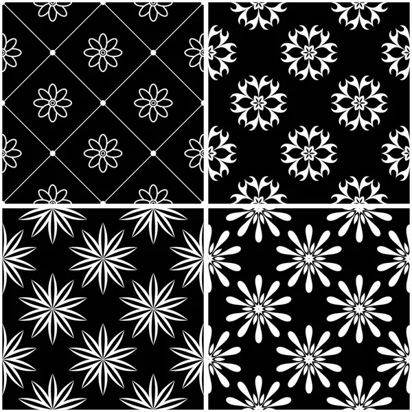 Çiçek desenleri. Siyah beyaz tek renkli kesintisiz arka planlar kümesi. Vektör çizim