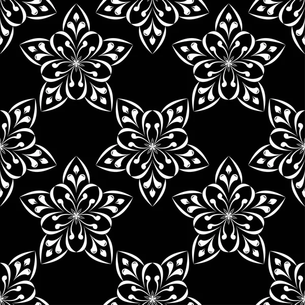 黒い背景に白い花の飾り テキスタイルや壁紙のためのシームレスなパターン — ストックベクタ