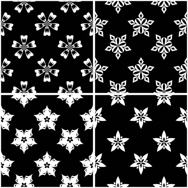 Bloemenpatronen Set Van Zwart Wit Monochroom Naadloze Achtergronden Vectorillustratie — Stockvector