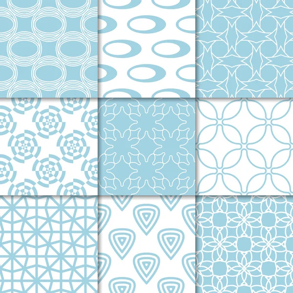 Mavi ve beyaz geometrik süsler. Web, Tekstil ve duvar kağıtları için dikişsiz desen koleksiyonu