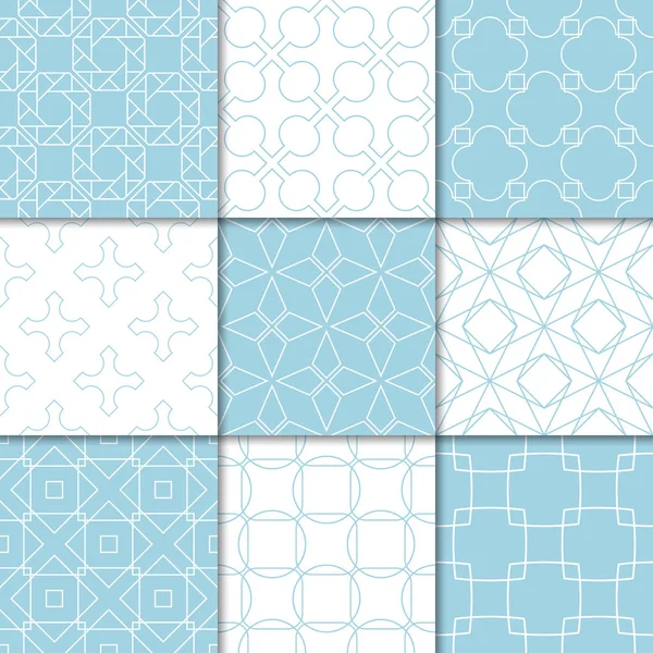 Mavi ve beyaz geometrik süsler. Web, Tekstil ve duvar kağıtları için dikişsiz desen koleksiyonu