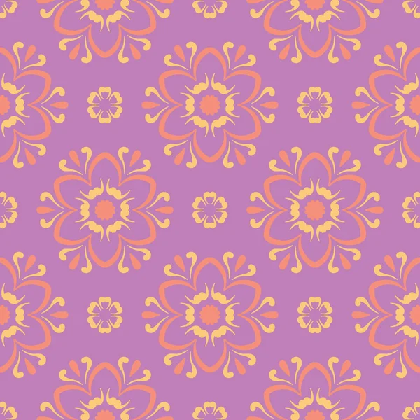 Menekşe çiçek sorunsuz arka plan. Duvar kağıtları, Tekstil ve kumaş için pembe ve sarı parlak desen