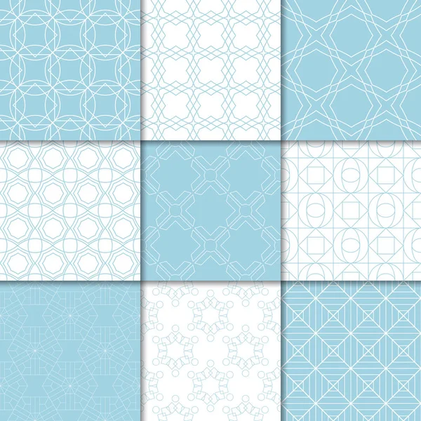Mavi ve beyaz geometrik süsler. Web, Tekstil ve duvar kağıtları için dikişsiz desen koleksiyonu
