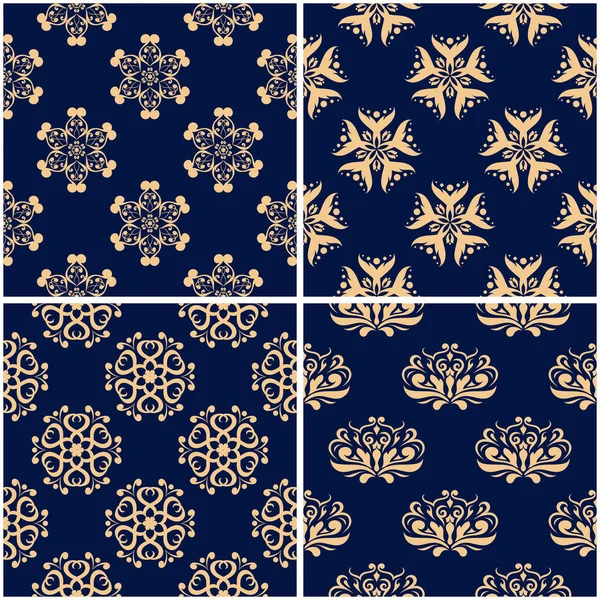 Çiçek desenleri. Altın mavi sorunsuz arka planlar kümesi. Vektör illustraton