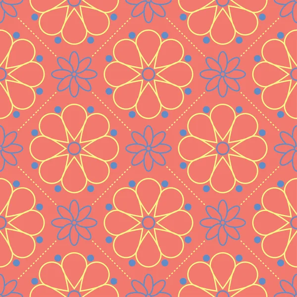 花卉无缝图案 明亮的粉红色橙色背景以黄色和蓝色花元素为墙纸 纺织品和织品 — 图库矢量图片