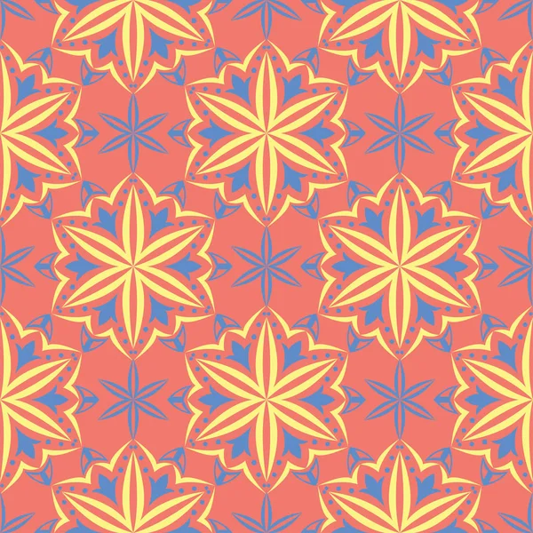 Çiçek tasarım seamless modeli. Duvar kağıtları ve kumaşlar için somon kırmızı zemin üzerine parlak sarı ve mavi çiçek öğeleri