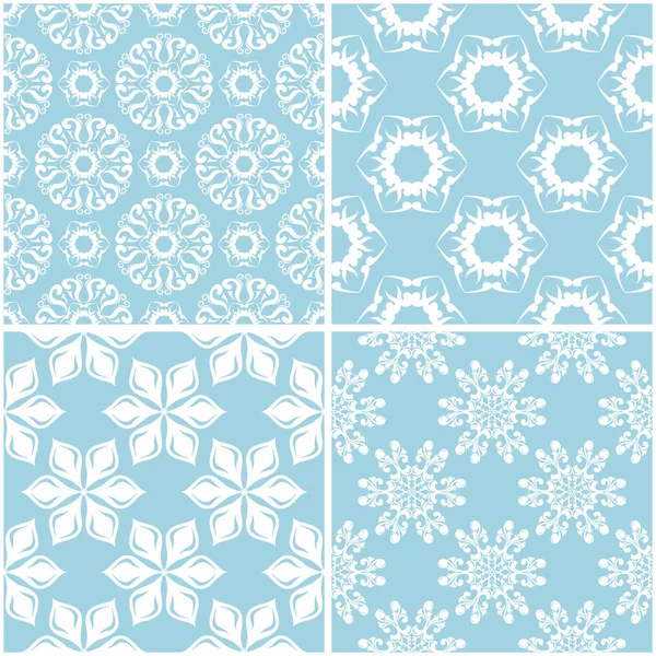 Çiçek desenleri. Mavi ve beyaz sorunsuz arka planlar kümesi. Vektör çizim