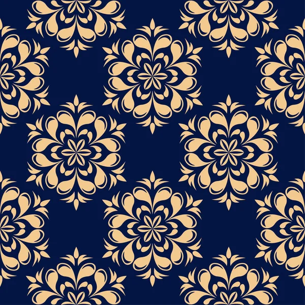 Golden Floral Ornament Dark Blue Background Seamless Pattern Textile Wallpapers — Stock Vector