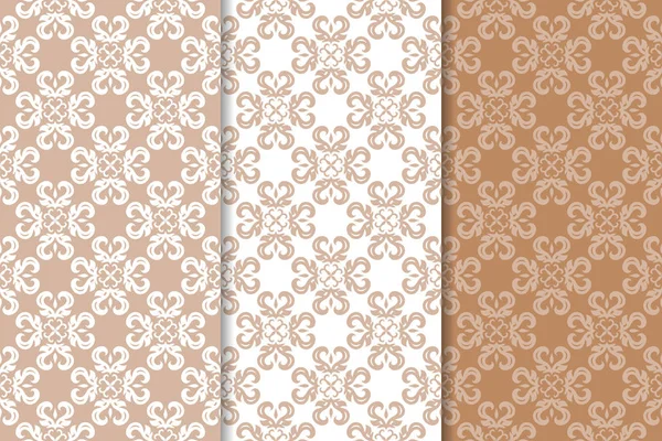 Conjunto Adornos Florales Patrones Sin Costura Marrón Beige Blanco Para — Vector de stock