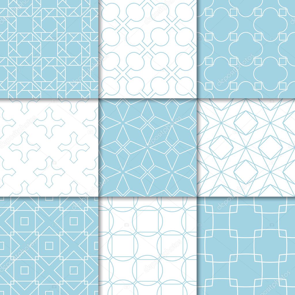 Blue and white geometric ornaments. Collection of seamless patterns for web, textile and wallpapers