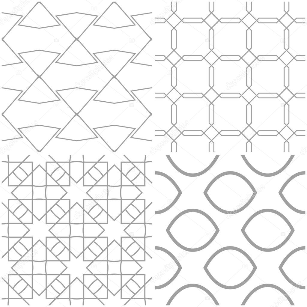 Geometric patterns. Set of light gray and white seamless backgrounds. Vector illustration