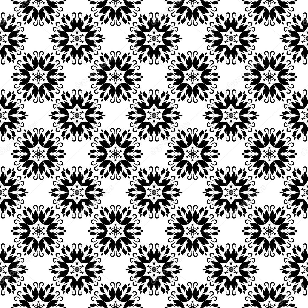 Black and white monochrome floral ornament. Seamless pattern for textile and wallpapers