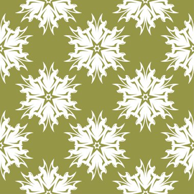 Zeytin yeşil zemin üzerine beyaz çiçekler. Tekstil ve duvar kağıtları için süs seamless modeli