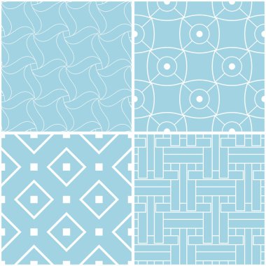 Geometrik desenler. Mavi ve beyaz sorunsuz arka planlar kümesi. Vektör çizim