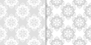 Işık gri ve beyaz çiçekli süsler. Tekstil ve duvar kağıtları için dikişsiz desen seti