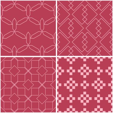 Geometrik desenler. Soluk kırmızı sorunsuz arka planlar kümesi. Vektör çizim