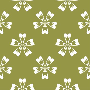 Zeytin yeşil zemin üzerine beyaz çiçek süsleme. Tekstil ve duvar kağıtları için seamless modeli