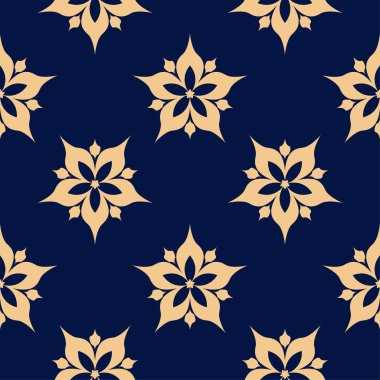 Koyu mavi zemin üzerine altın çiçek süsleme. Tekstil ve duvar kağıtları için seamless modeli