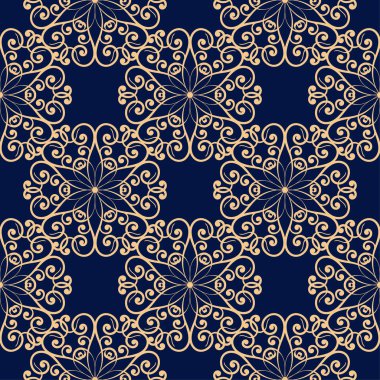 Koyu mavi zemin üzerine altın çiçek süsleme. Tekstil ve duvar kağıtları için seamless modeli