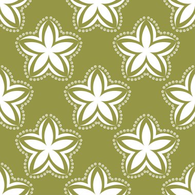 Zeytin yeşil zemin üzerine beyaz çiçek süsleme. Tekstil ve duvar kağıtları için seamless modeli