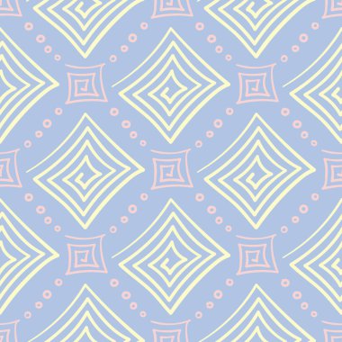 Geometrik desenli sorunsuz arka plan. Tekstil ve duvar kağıtları için mavi zemin üzerinde öğeleri pembe ve bej