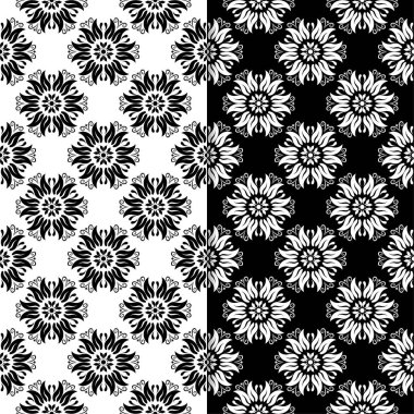 Siyah ve beyaz çiçek arka planlar. Tekstil ve duvar kağıtları için dikişsiz desen seti