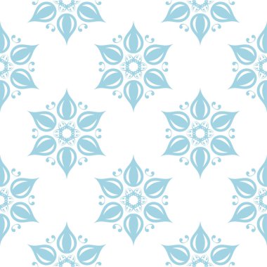 Beyaz zemin üzerine mavi çiçek süsleme. Tekstil ve duvar kağıtları için seamless modeli