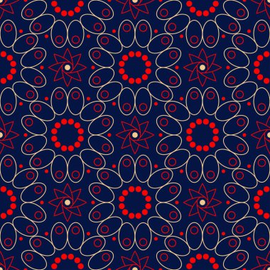 Kesintisiz mavi arka plan. Çiçek bej ve kırmızı desenli duvar kağıtları ve tekstil