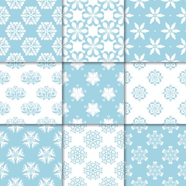 Mavi ve beyaz çiçekli süsler. Kağıt için dikişsiz desen koleksiyonu Tekstil