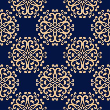 Koyu mavi zemin üzerine altın çiçek süsleme. Tekstil ve duvar kağıtları için seamless modeli